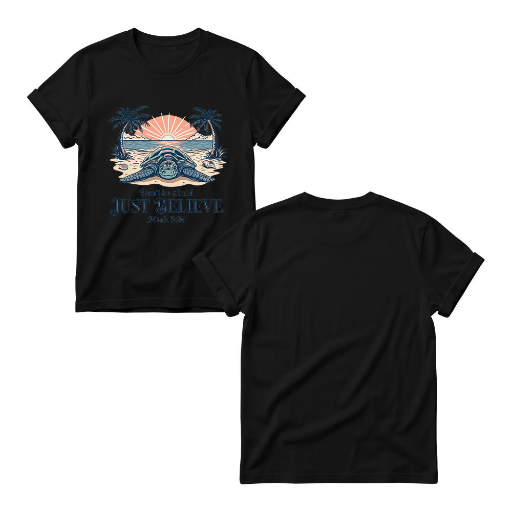 Christianartworkshop Beach Sunset Palm Sea Turtle Don’t Be Afraid Just Believe Mark 5:36 Women’s Crewnecks T-shirt - image 3