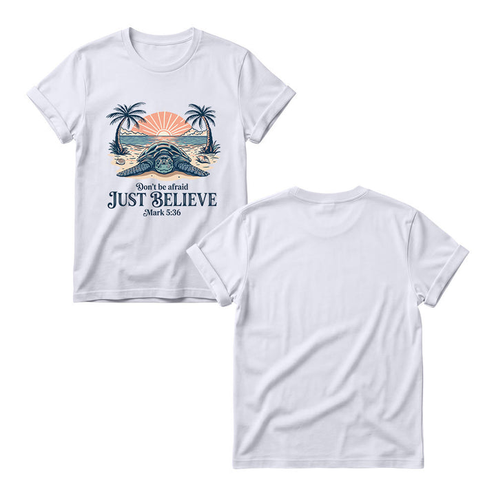 Christianartworkshop Beach Sunset Palm Sea Turtle Don’t Be Afraid Just Believe Mark 5:36 Women’s Crewnecks T-shirt - image 7