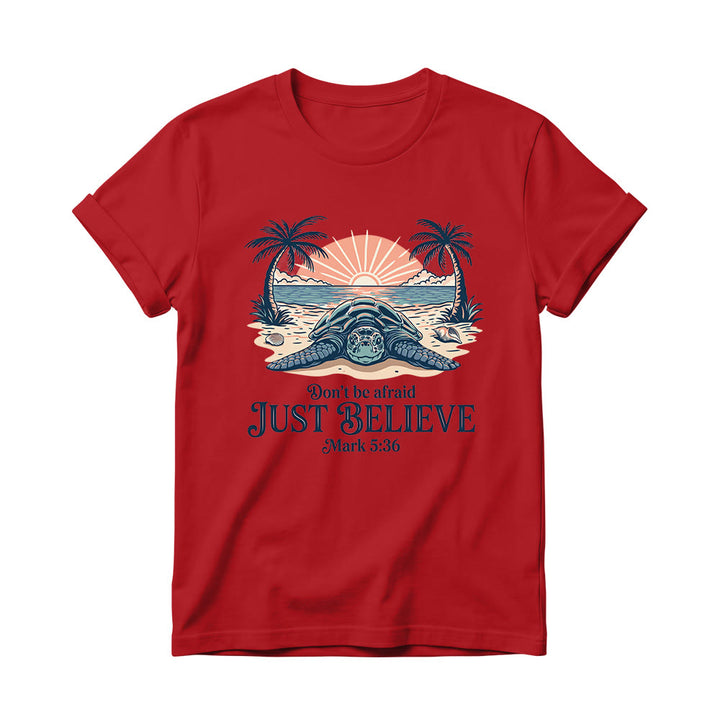 Christianartworkshop Beach Sunset Palm Sea Turtle Don’t Be Afraid Just Believe Mark 5:36 Women’s Crewnecks T-shirt - Red - 4XL - image 14
