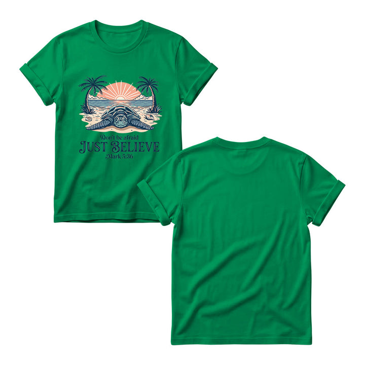 Christianartworkshop Beach Sunset Palm Sea Turtle Don’t Be Afraid Just Believe Mark 5:36 Women’s Crewnecks T-shirt - image 17