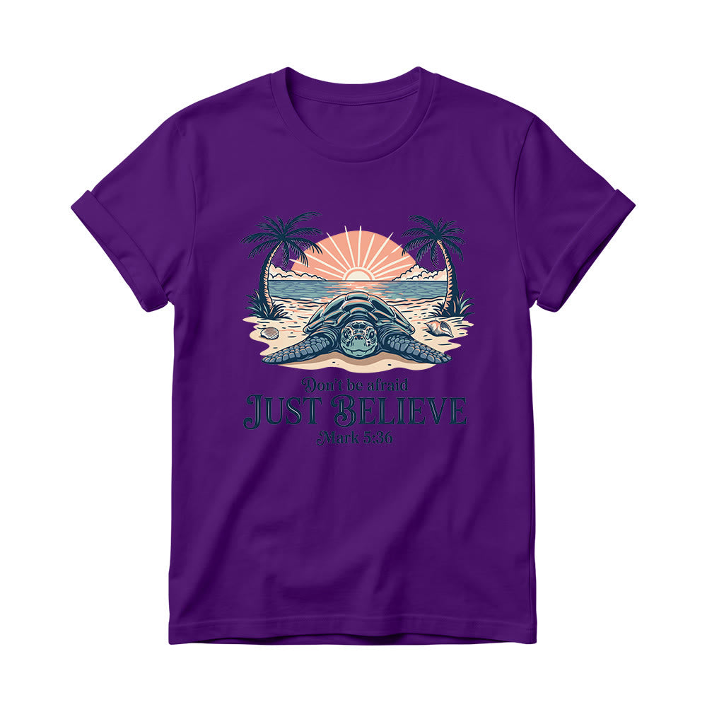 Christianartworkshop Beach Sunset Palm Sea Turtle Don’t Be Afraid Just Believe Mark 5:36 Women’s Crewnecks T-shirt - Purple - 4XL - image 12