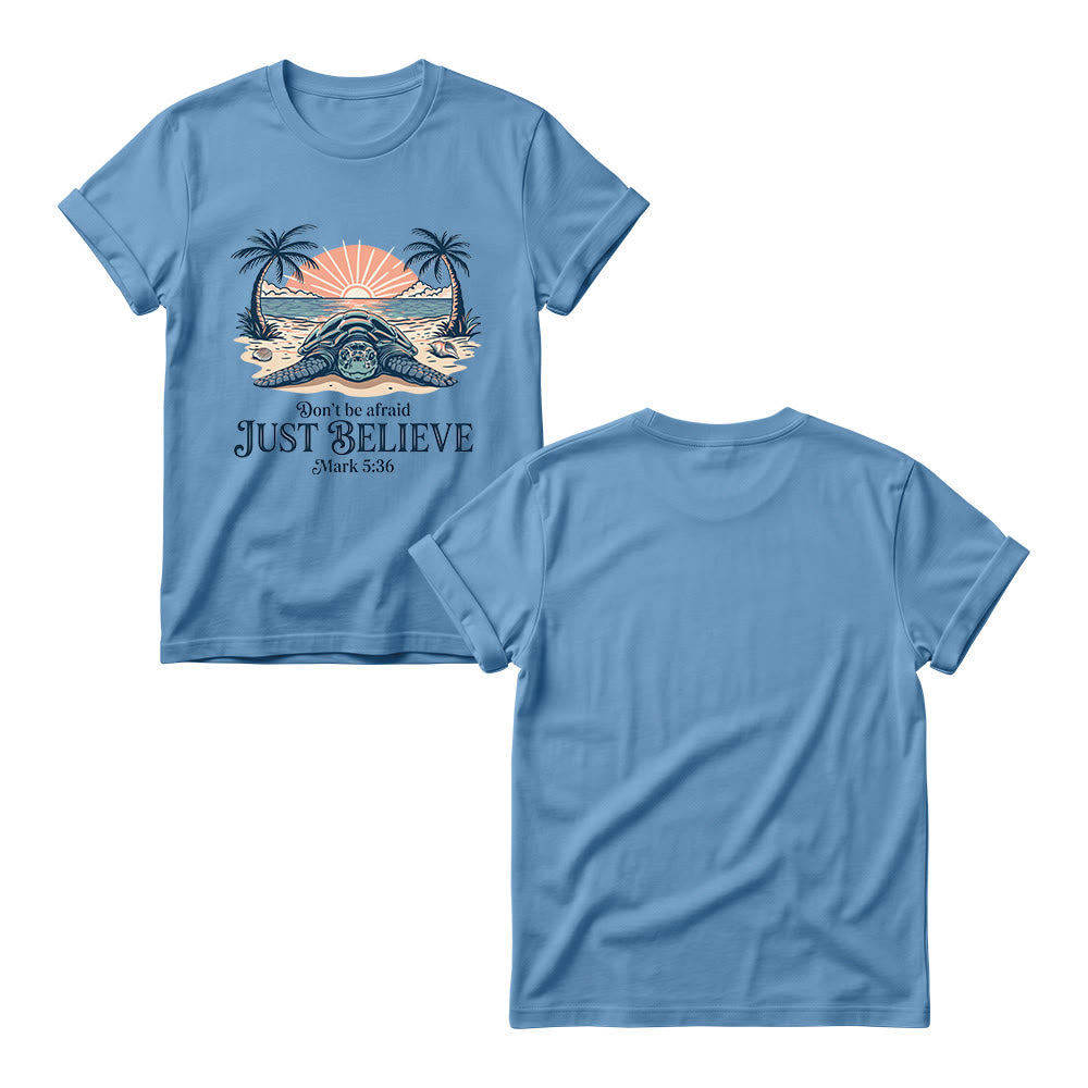 Christianartworkshop Beach Sunset Palm Sea Turtle Don’t Be Afraid Just Believe Mark 5:36 Women’s Crewnecks T-shirt - image 1