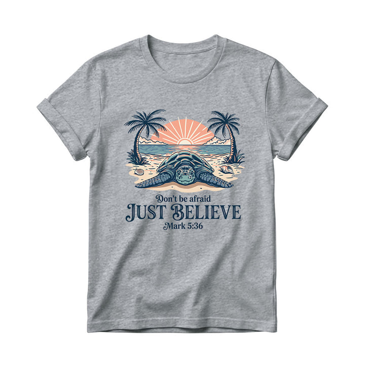 Christianartworkshop Beach Sunset Palm Sea Turtle Don’t Be Afraid Just Believe Mark 5:36 Women’s Crewnecks T-shirt - Grey - 4XL - image 10