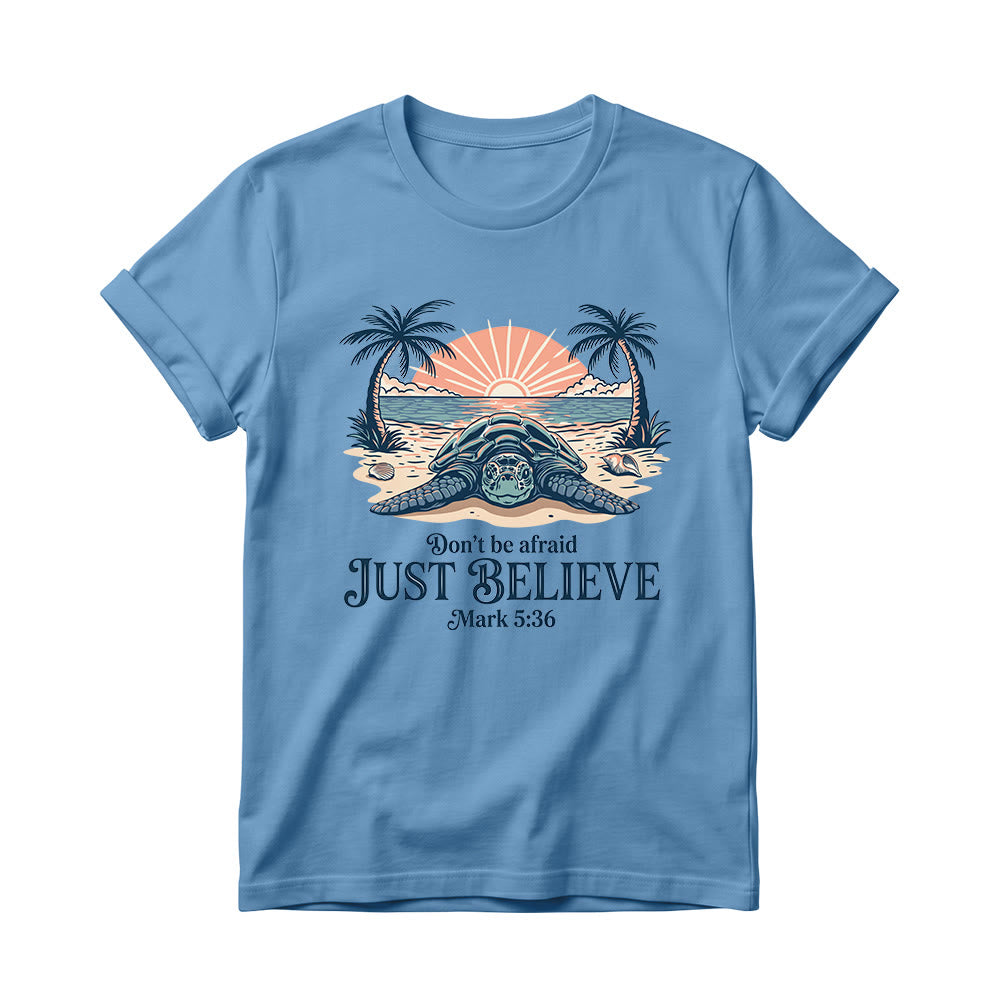 Christianartworkshop Beach Sunset Palm Sea Turtle Don’t Be Afraid Just Believe Mark 5:36 Women’s Crewnecks T-shirt - Blue - 4XL - image 0