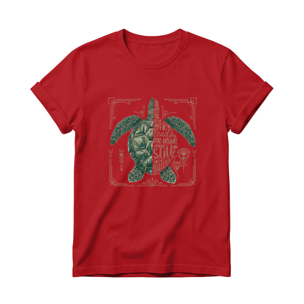 Christianartworkshop Split Geometric Sea Turtle Ornate Border Psalm Devotional Phrase Women’s Crewnecks T-shirt - Red - 4XL - image 14