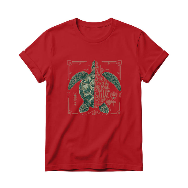 Christianartworkshop Split Geometric Sea Turtle Ornate Border Psalm Devotional Phrase Women’s Crewnecks T-shirt - Red - 4XL - image 14