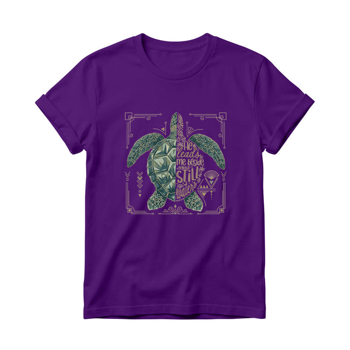 Christianartworkshop Split Geometric Sea Turtle Ornate Border Psalm Devotional Phrase Women’s Crewnecks T-shirt - Purple - 4XL - image 12