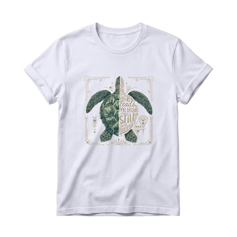 Christianartworkshop Split Geometric Sea Turtle Ornate Border Psalm Devotional Phrase Women’s Crewnecks T-shirt - White - 4XL - image 6