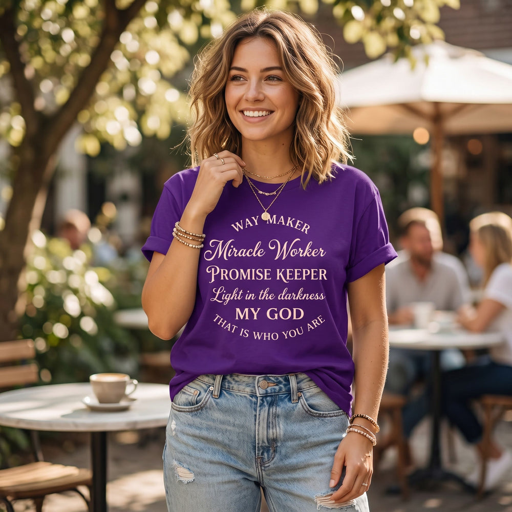 Christianartworkshop Arc Arranged Way Maker Miracle Worker Vintage Curly Script Women’s Crewnecks T-shirt - image 1