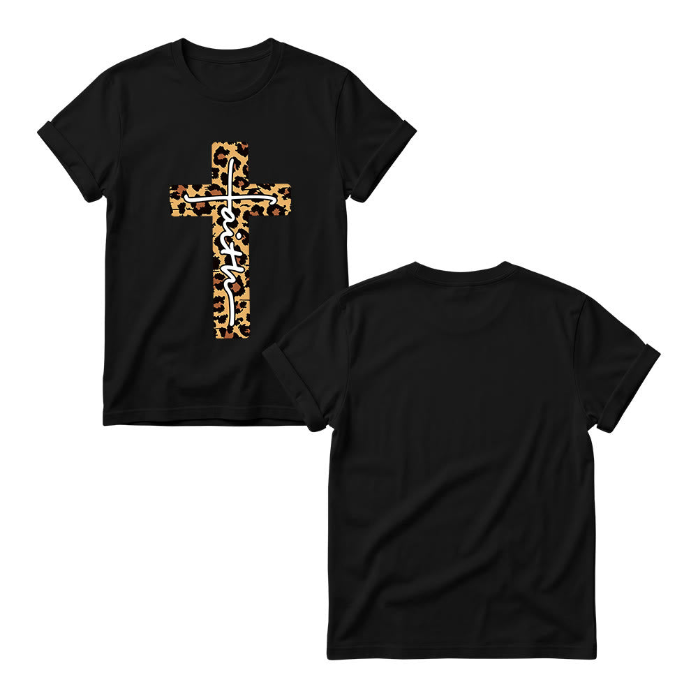 Christianartworkshop Leopard Print Cross Vertical Handwritten Faith Inside Letter Women’s Crewnecks T-shirt - image 9