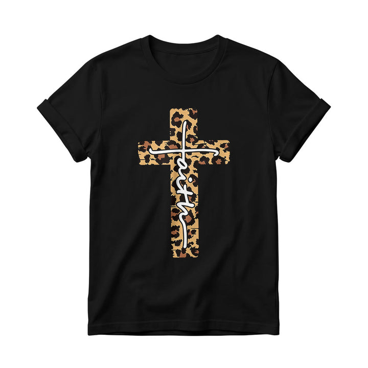 Christianartworkshop Leopard Print Cross Vertical Handwritten Faith Inside Letter Women’s Crewnecks T-shirt - Black - 4XL - image 8
