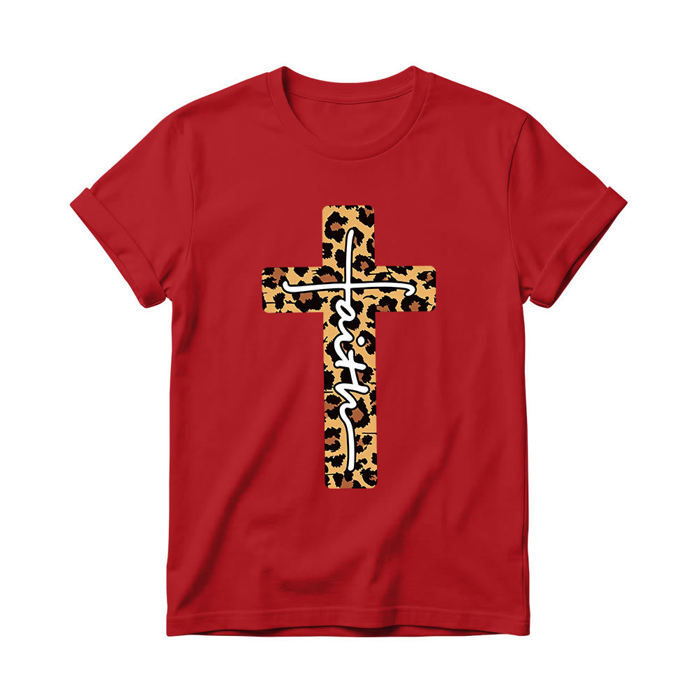 Christianartworkshop Leopard Print Cross Vertical Handwritten Faith Inside Letter Women’s Crewnecks T-shirt - Red - 4XL - image 14