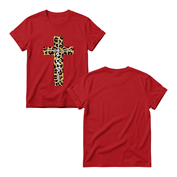 Christianartworkshop Leopard Print Cross Vertical Handwritten Faith Inside Letter Women’s Crewnecks T-shirt - image 15