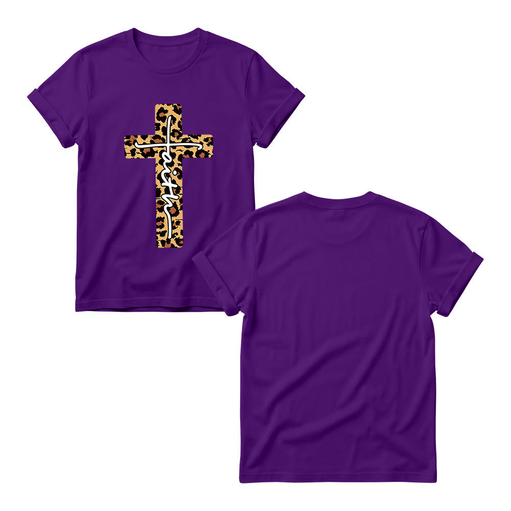 Christianartworkshop Leopard Print Cross Vertical Handwritten Faith Inside Letter Women’s Crewnecks T-shirt - image 5