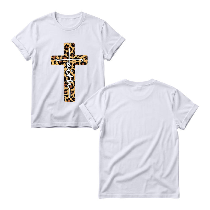 Christianartworkshop Leopard Print Cross Vertical Handwritten Faith Inside Letter Women’s Crewnecks T-shirt - image 3