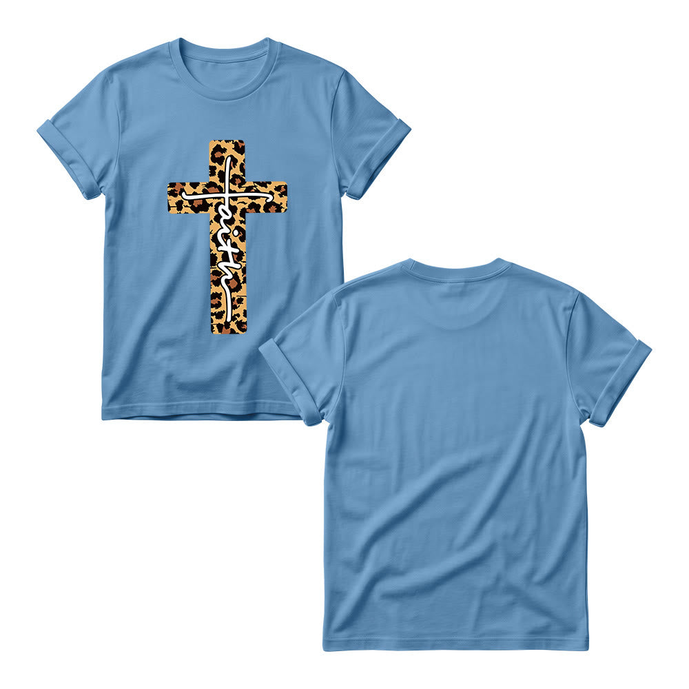 Christianartworkshop Leopard Print Cross Vertical Handwritten Faith Inside Letter Women’s Crewnecks T-shirt - image 7