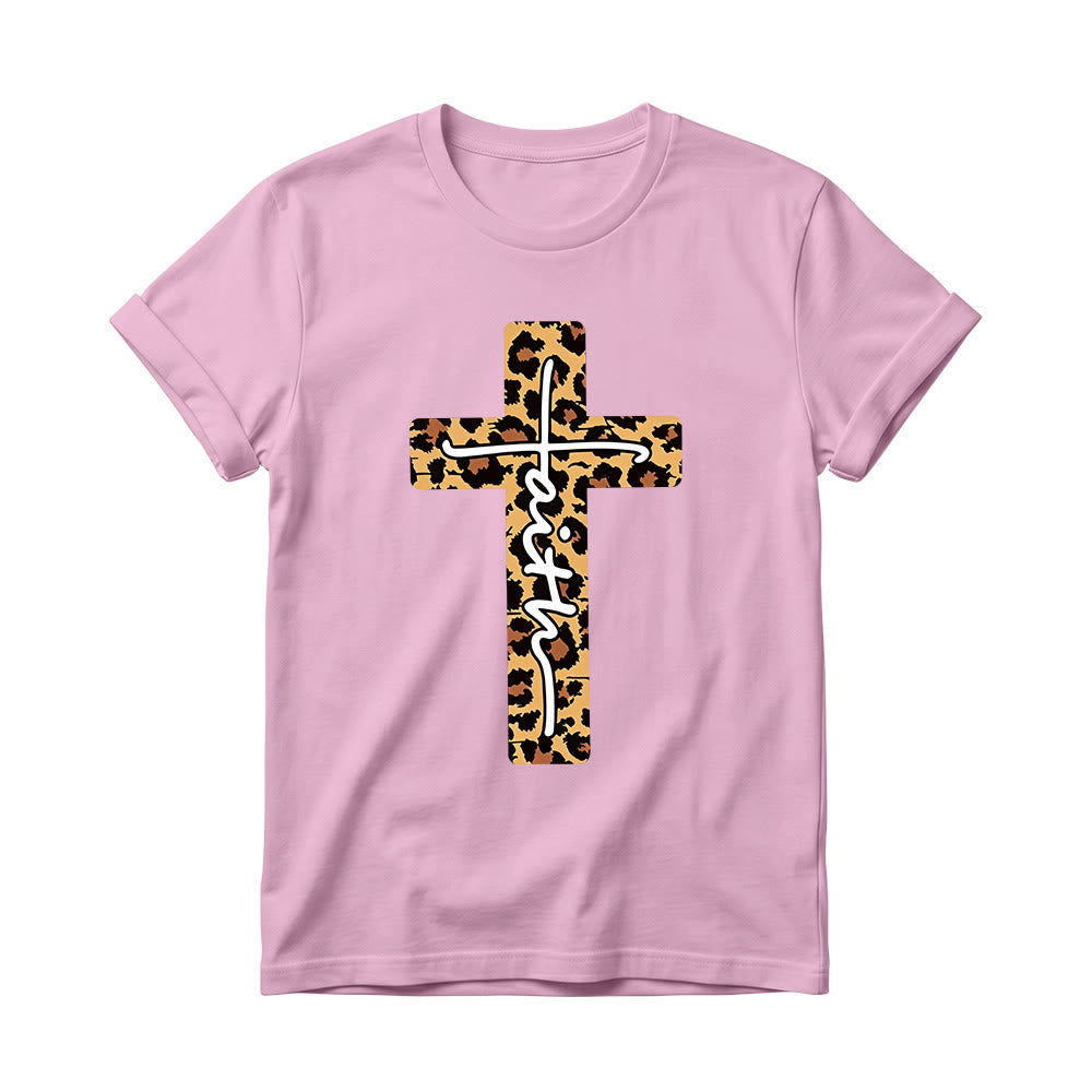Christianartworkshop Leopard Print Cross Vertical Handwritten Faith Inside Letter Women’s Crewnecks T-shirt - Pink - 4XL - image 10