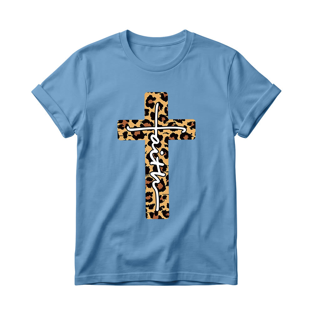 Christianartworkshop Leopard Print Cross Vertical Handwritten Faith Inside Letter Women’s Crewnecks T-shirt - Blue - 4XL - image 6
