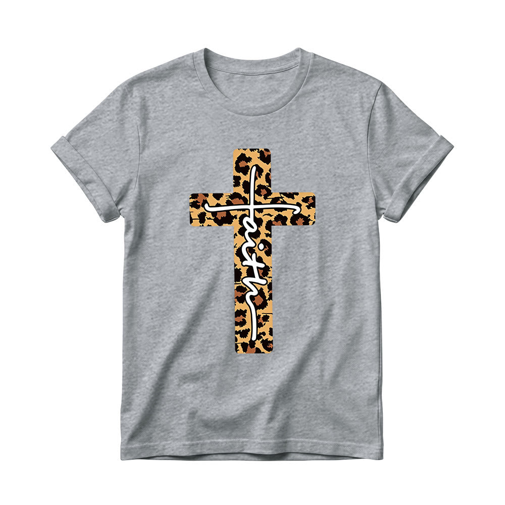 Christianartworkshop Leopard Print Cross Vertical Handwritten Faith Inside Letter Women’s Crewnecks T-shirt - Grey - 4XL - image 12