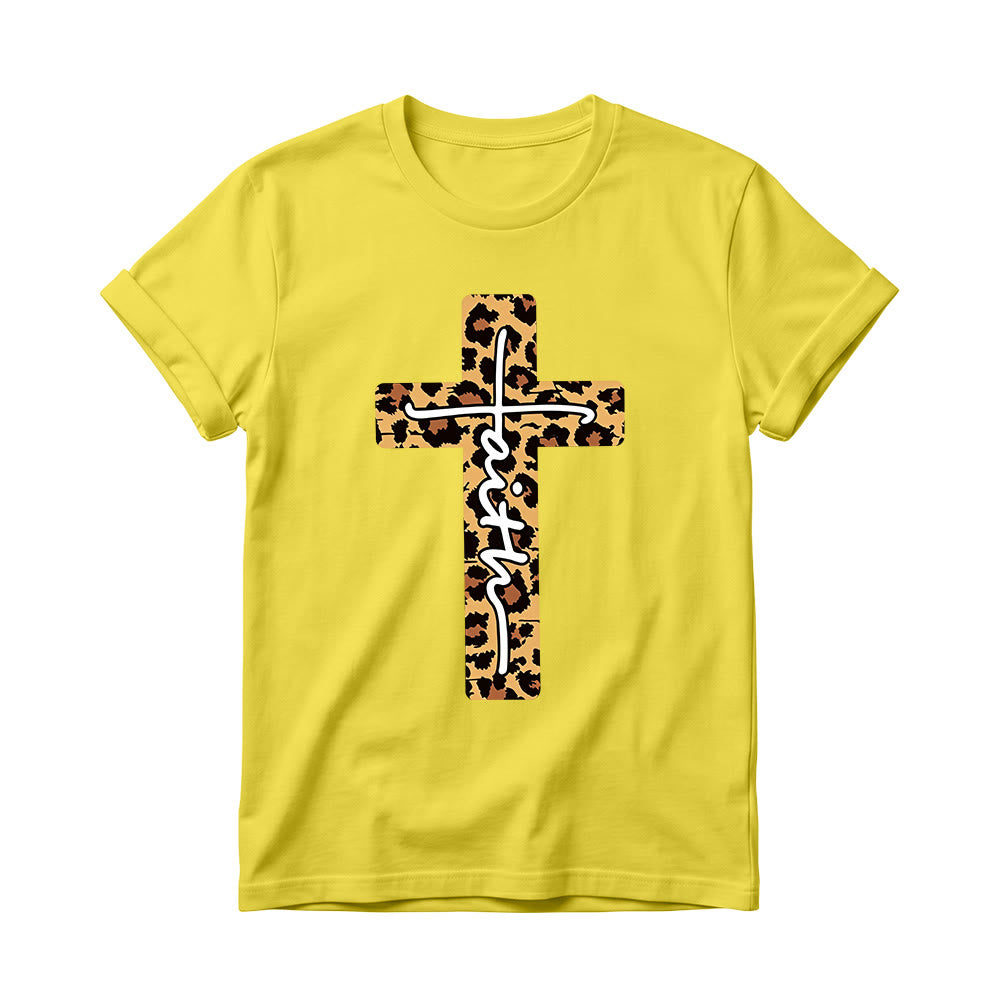 Christianartworkshop Leopard Print Cross Vertical Handwritten Faith Inside Letter Women’s Crewnecks T-shirt - Yellow - 4XL - image 0