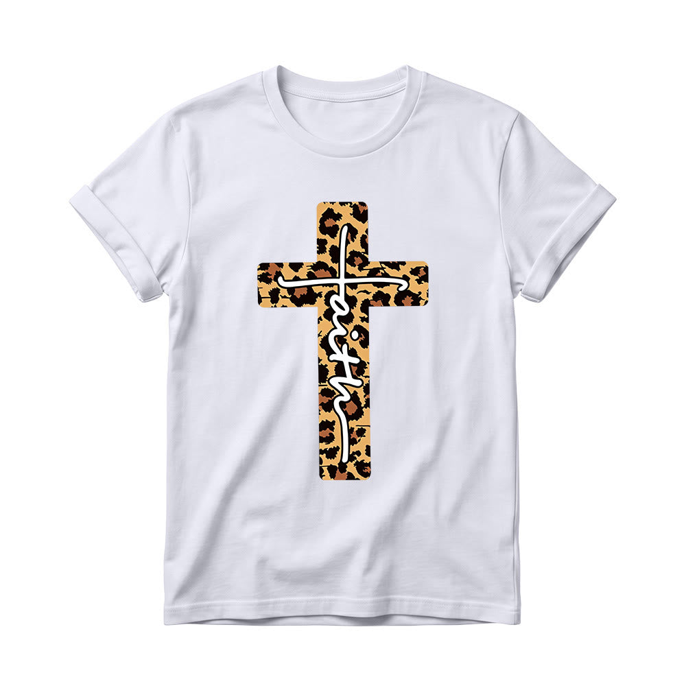 Christianartworkshop Leopard Print Cross Vertical Handwritten Faith Inside Letter Women’s Crewnecks T-shirt - White - 4XL - image 2