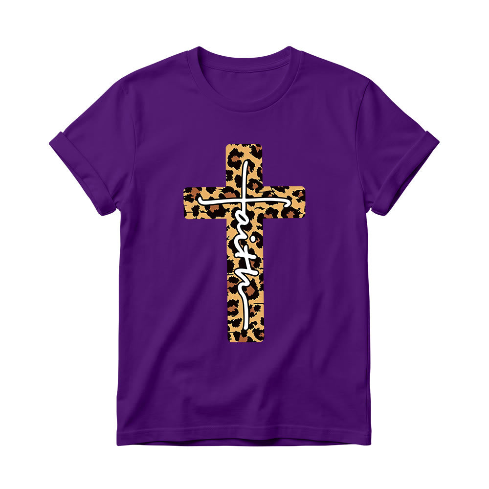 Christianartworkshop Leopard Print Cross Vertical Handwritten Faith Inside Letter Women’s Crewnecks T-shirt - Purple - 4XL - image 4