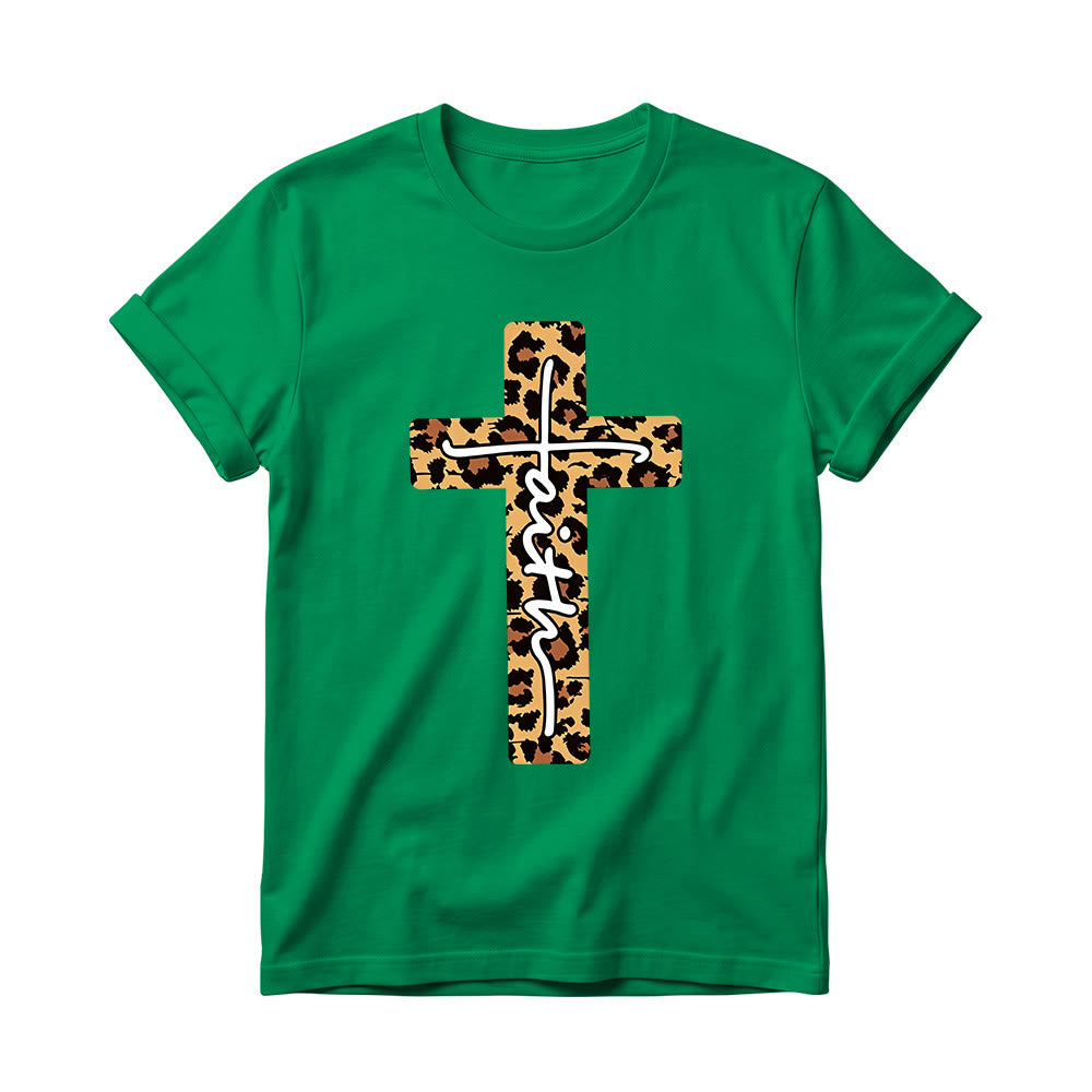 Christianartworkshop Leopard Print Cross Vertical Handwritten Faith Inside Letter Women’s Crewnecks T-shirt - Green - 4XL - image 16
