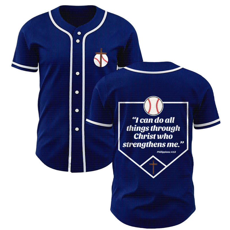 Christianartworkshop Philippians 4:13 Faith Baseball Jersey: Baseball Cross Motto Strength Devotion Athletic Shirt - Navy Blue - 5XL - image 0