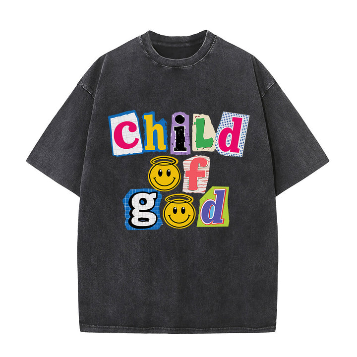 Christianartworkshop Cutout Collage Child Of God Smiley Face Inlay Front Print Washed T‑Shirt - Black - 5XL - image 0