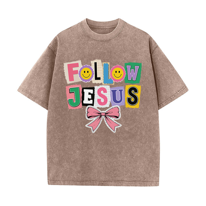Christianartworkshop Scrapbook Letter Follow Jesus Smiley Embellishment Bow Ornament Washed T‑Shirt - Brown - 5XL - image 3