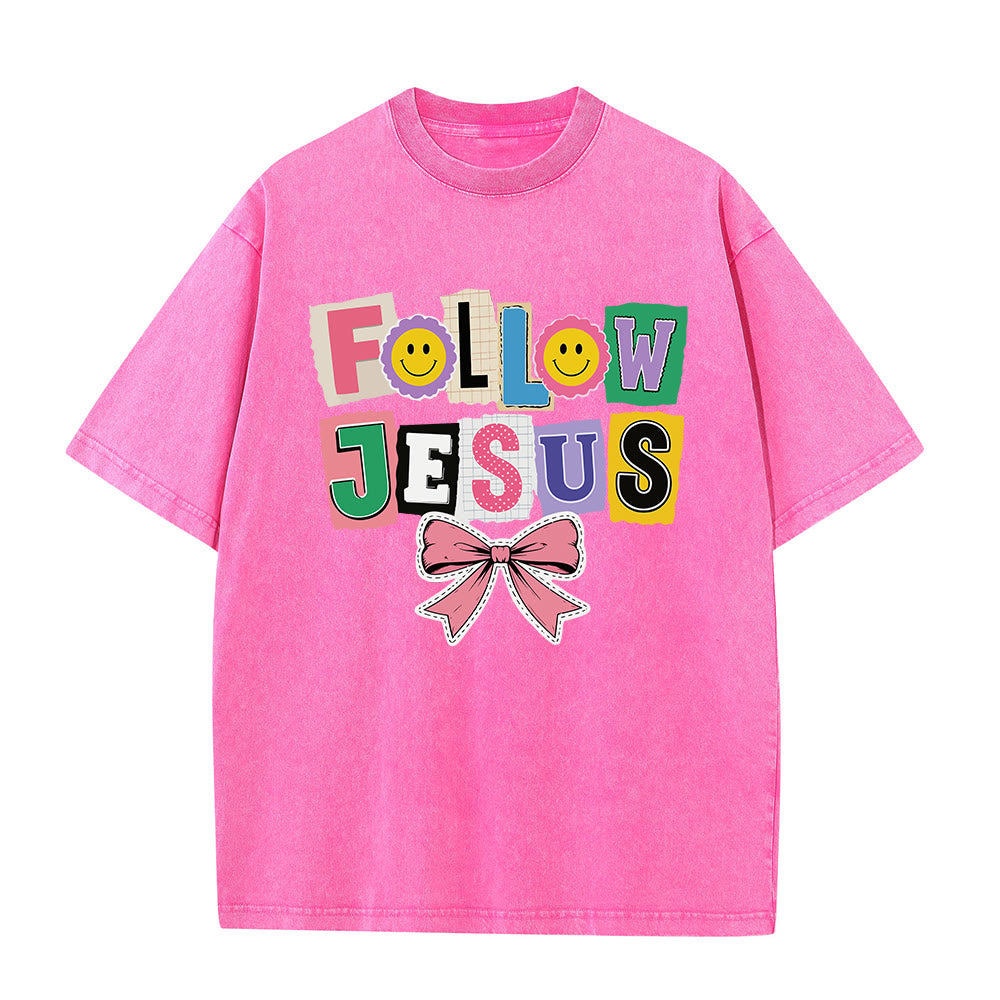 Christianartworkshop Scrapbook Letter Follow Jesus Smiley Embellishment Bow Ornament Washed T‑Shirt - Pink - 5XL - image 7