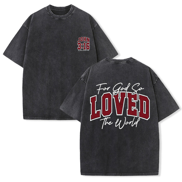 Christianartworkshop Left Chest John 3:16 Varsity Font Back For God So Loved The World Washed T‑Shirt - Black - 5XL - image 6