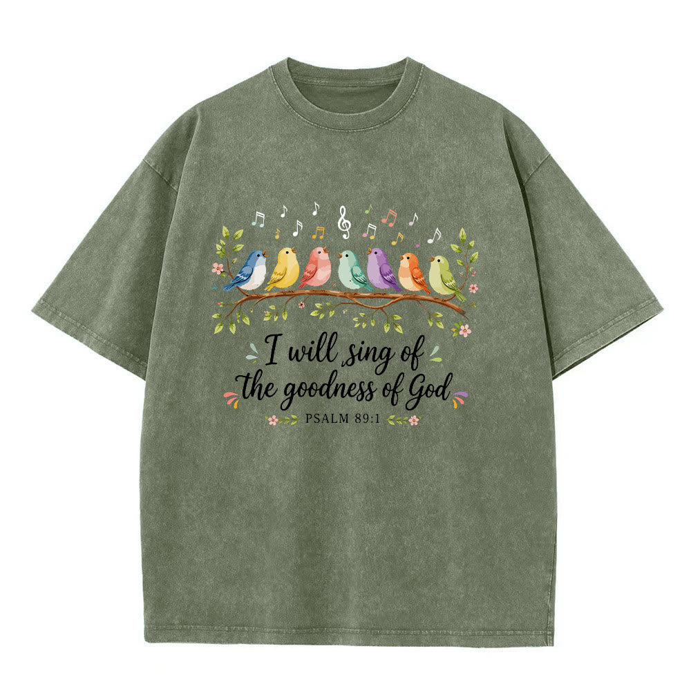 Christianartworkshop Branch Perched Songbirds Musical Note Floral Psalm 89:1 Worship Washed T‑Shirt - Army Green - 5XL - image 8