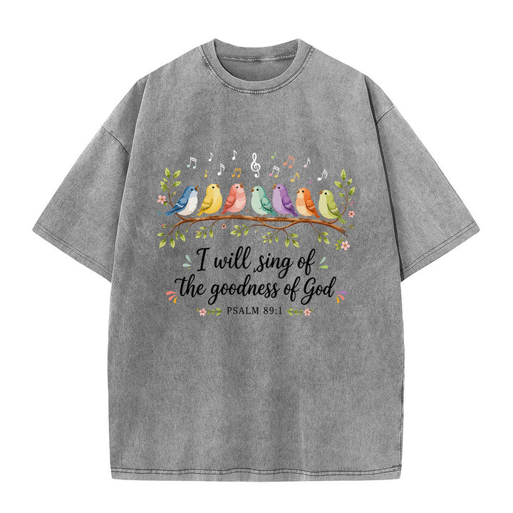 Christianartworkshop Branch Perched Songbirds Musical Note Floral Psalm 89:1 Worship Washed T‑Shirt - Grey - 5XL - image 1