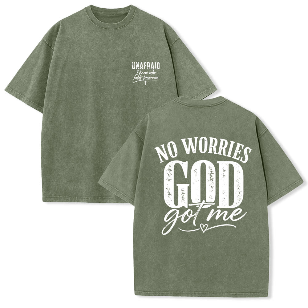 Christianartworkshop Left Chest Unafraid Cross Accent Back No Worries God Got Me Heart Detail Washed T‑Shirt - Army Green - 5XL - image 24