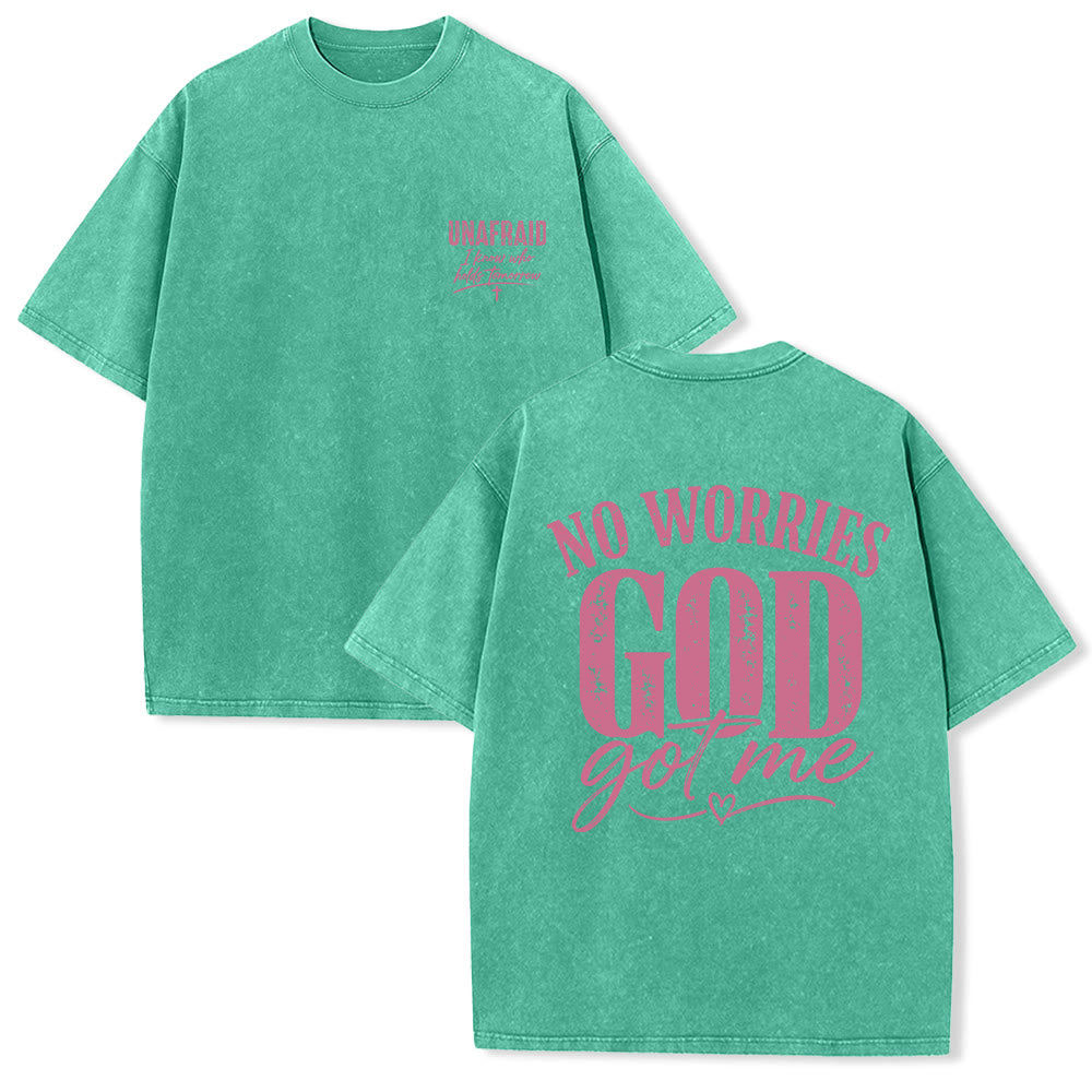 Christianartworkshop Left Chest Unafraid Cross Accent Back No Worries God Got Me Heart Detail Washed T‑Shirt - Green - 5XL - image 9
