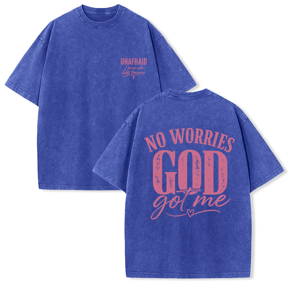 Christianartworkshop Left Chest Unafraid Cross Accent Back No Worries God Got Me Heart Detail Washed T‑Shirt - Blue - 5XL - image 0
