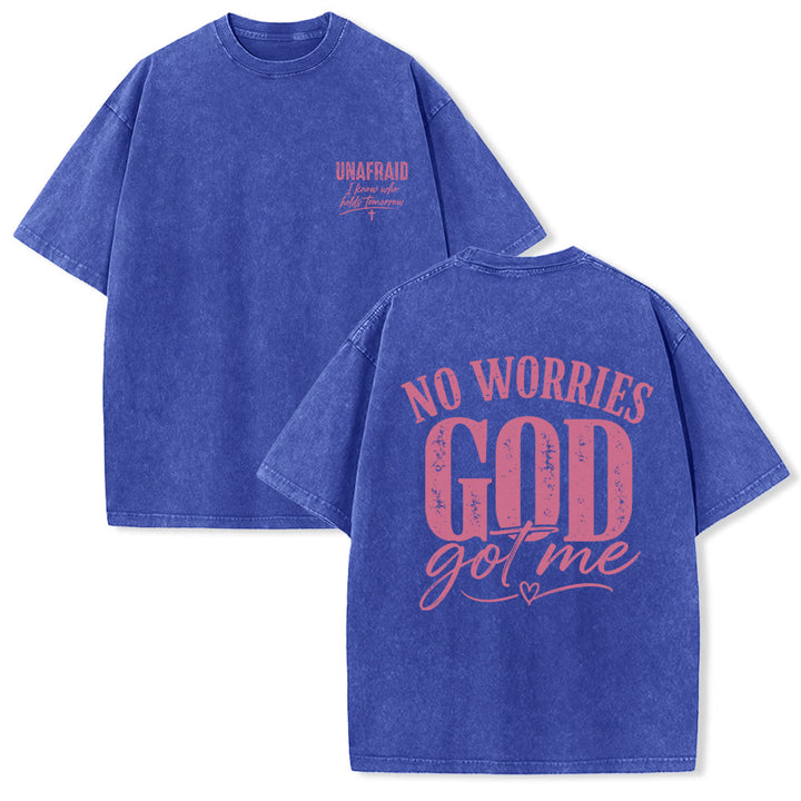 Christianartworkshop Left Chest Unafraid Cross Accent Back No Worries God Got Me Heart Detail Washed T‑Shirt - Blue - 5XL - image 0