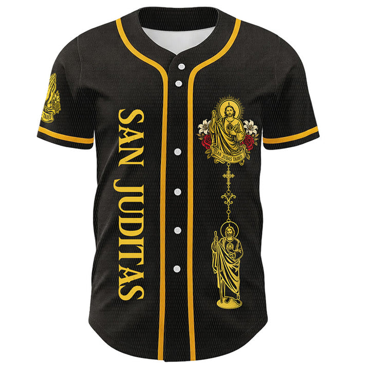 Christianartworkshop Vertical San Juditas Side Saint Rosary Back Dual Saint Rose Portrait Button-Up Baseball Jersey - image 1