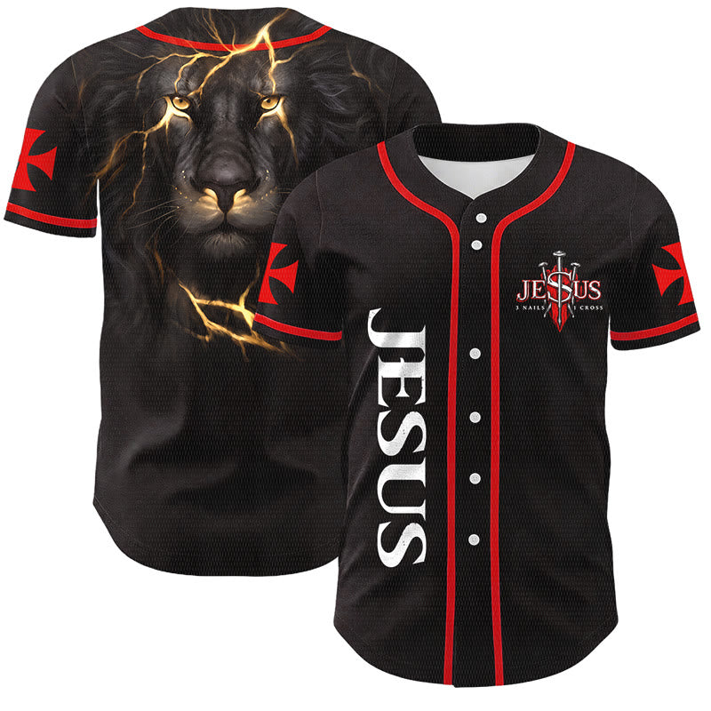 Christianartworkshop Front Vertical Jesus Nail Cross Emblem Back Lightning Lion Of Judah Portrait Button-Up Baseball Jersey - Black - 5XL - image 0