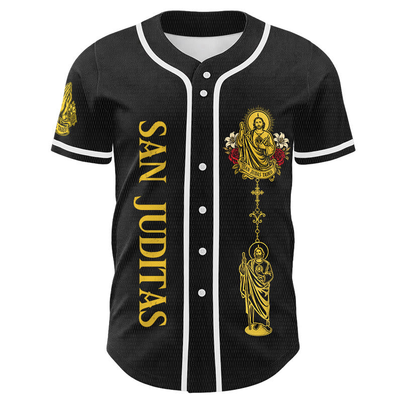 Christianartworkshop Front Vertical San Juditas Rosary Saint Graphic Back Lily Dove Saint Portrait Button-Up Baseball Jersey - image 7