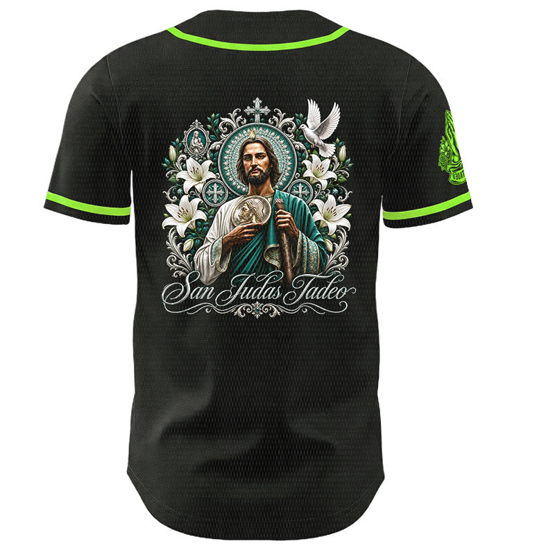 Christianartworkshop Front Vertical San Juditas Rosary Saint Graphic Back Lily Dove Saint Portrait Button-Up Baseball Jersey - image 2