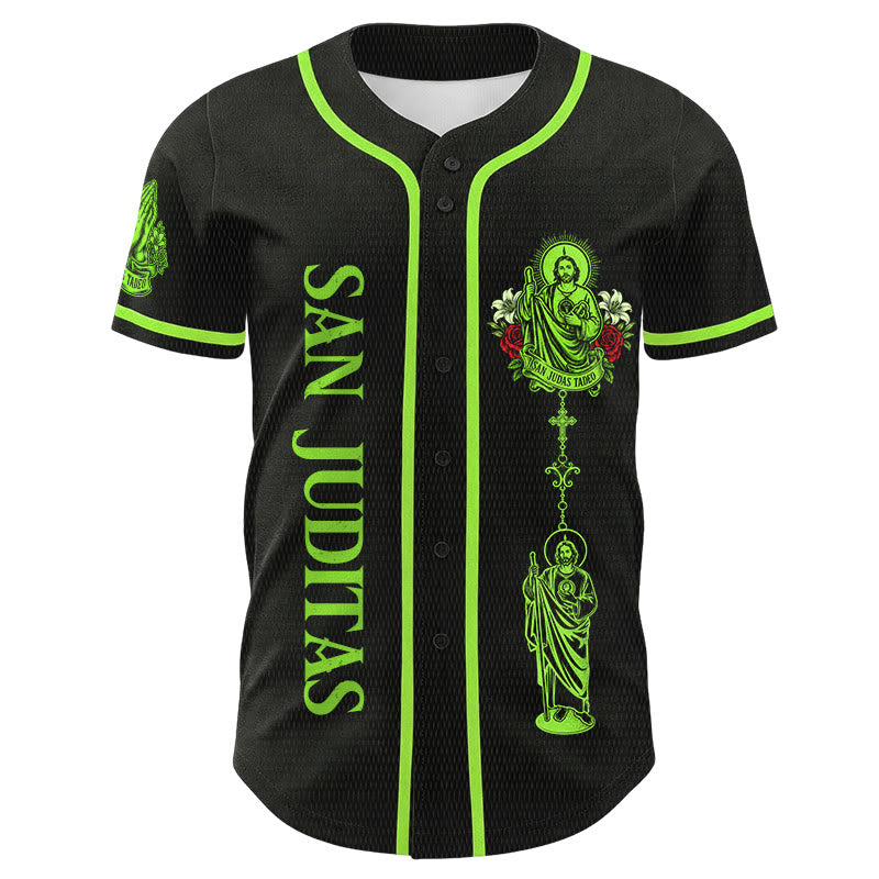 Christianartworkshop Front Vertical San Juditas Rosary Saint Graphic Back Lily Dove Saint Portrait Button-Up Baseball Jersey - image 1