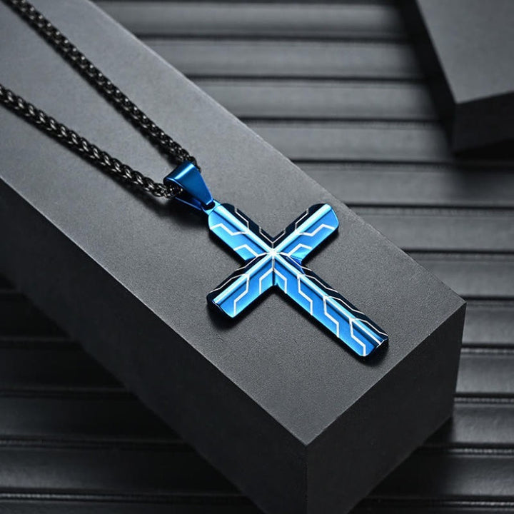 Christianartworkshop Gloss Golden & Blue Lightning Pattern Engraved Cross Pendant Necklace: Timeless Emblem of Gentle Heavenly Guardianship - image 9