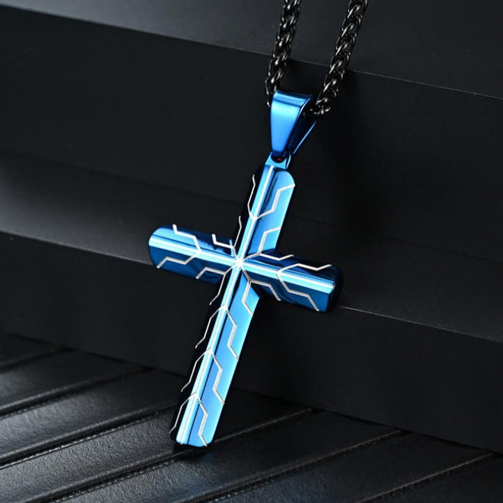 FREE Today: Gloss Golden & Blue Lightning Pattern Engraved Cross Pendant Necklace: Timeless Emblem of Gentle Heavenly Guardianship - image 7