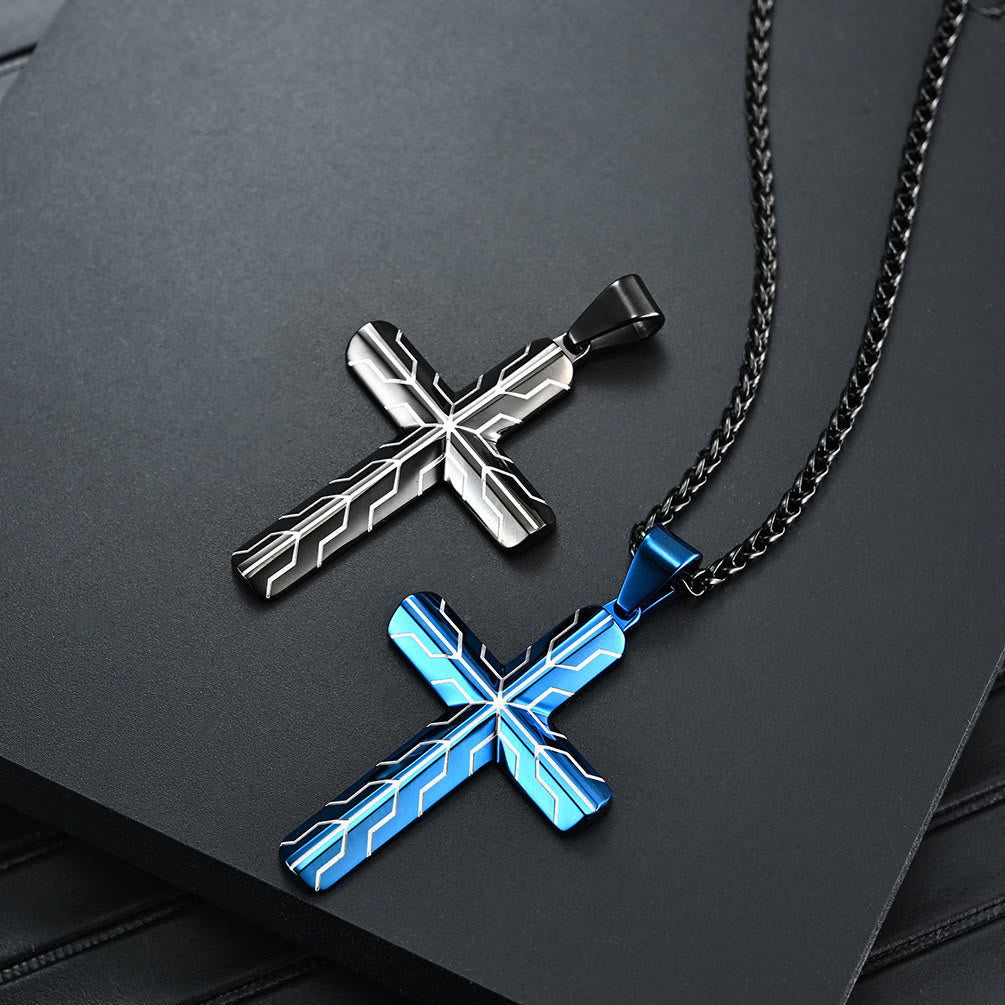 Christianartworkshop Gloss Golden & Blue Lightning Pattern Engraved Cross Pendant Necklace: Timeless Emblem of Gentle Heavenly Guardianship - image 8