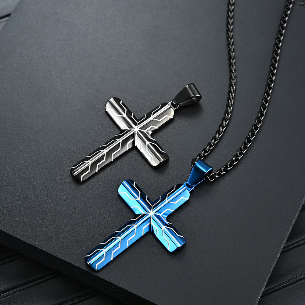 Christianartworkshop Gloss Blue Lightning Pattern Engraved Cross Pendant Necklace: Timeless Emblem of Gentle Heavenly Guardianship - image 1