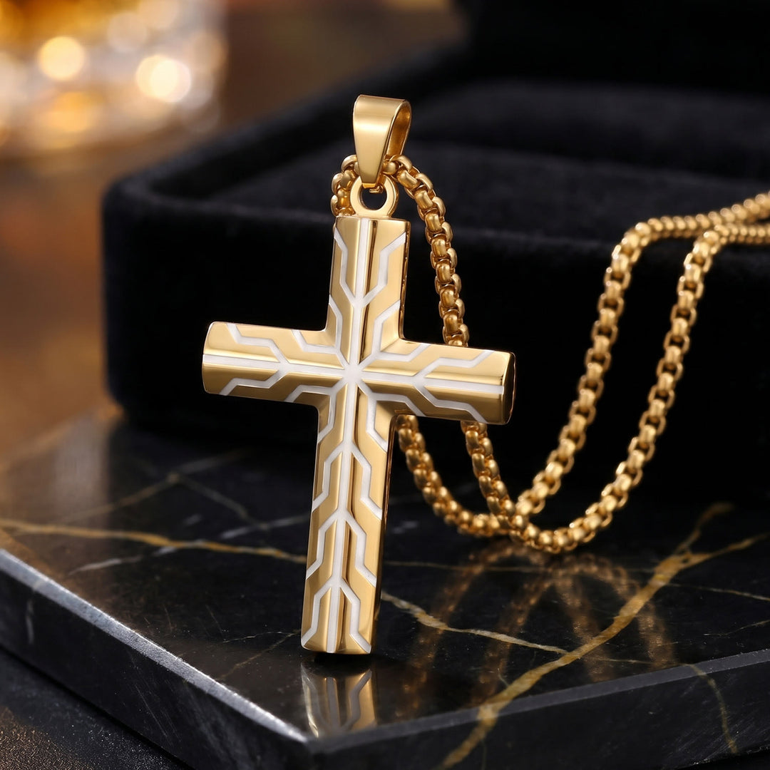 FREE Today: Gloss Golden & Blue Lightning Pattern Engraved Cross Pendant Necklace: Timeless Emblem of Gentle Heavenly Guardianship - Golden - image 0