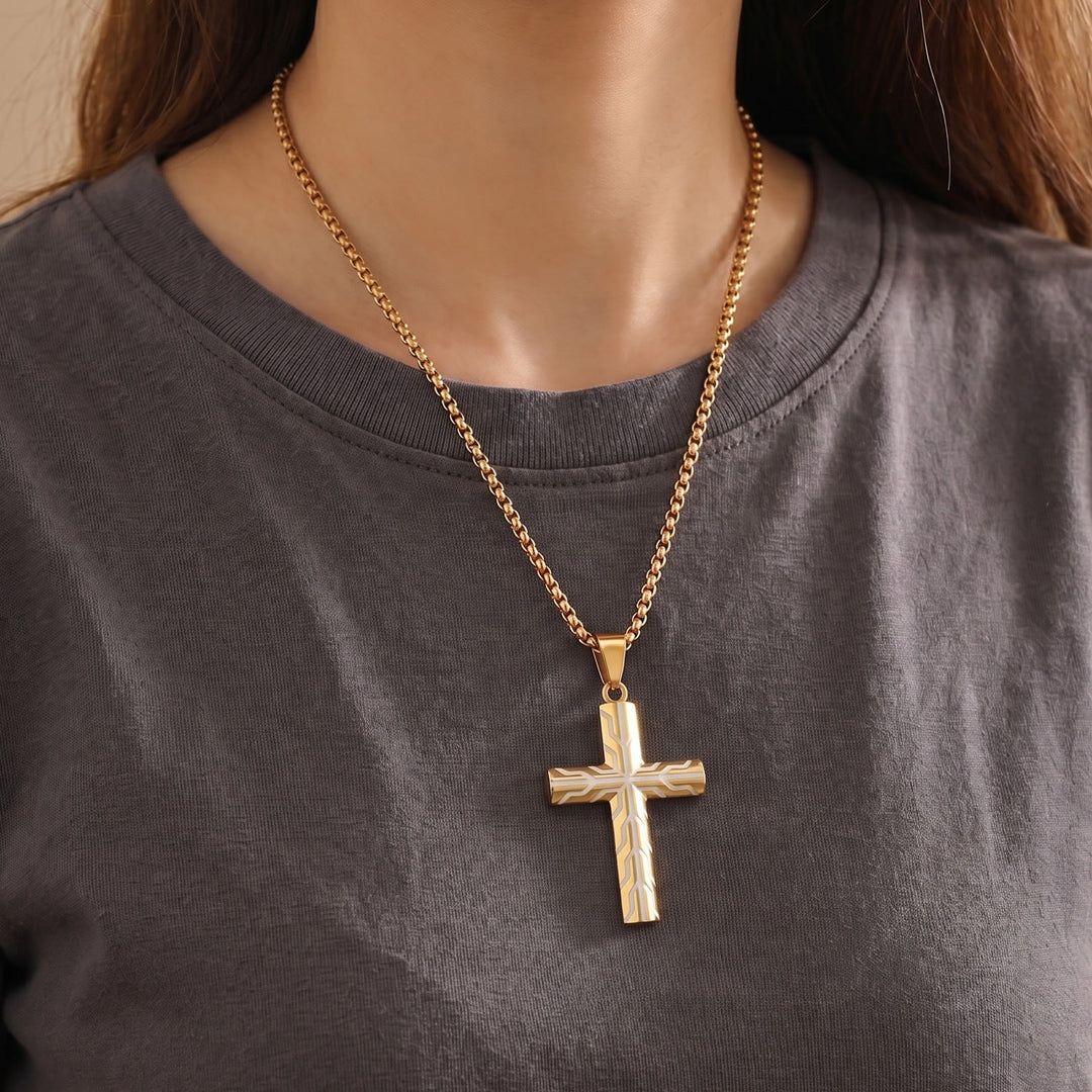 FREE Today: Gloss Golden & Blue Lightning Pattern Engraved Cross Pendant Necklace: Timeless Emblem of Gentle Heavenly Guardianship - image 1