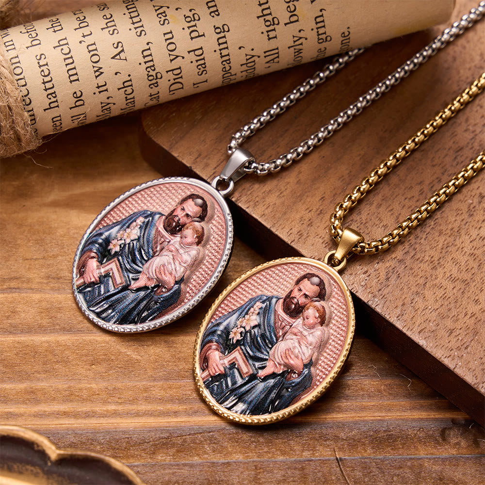 Christianartworkshop St. Joseph Oval Holy Image Pendant Necklace: Timeless Emblem of Gentle Heavenly Guardianship - image 1